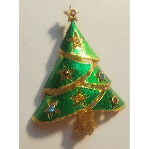Christmas Tree Brooch Multi Faceted Rhinestone Vintage Gold Tone Pin Estate